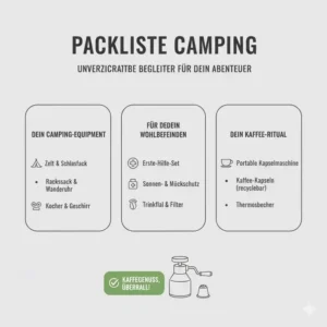 Camping-Checkliste, die eine portable kapselmaschine ohne strom als wichtiges Zubehör zeigt.