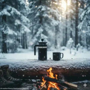 Eine mattschwarze thermo french press outdoor steht im Schnee bei einer Winterexpedition.