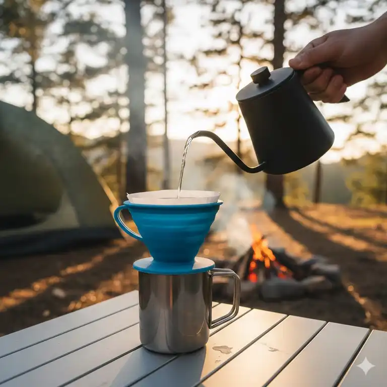 Eine blaue filtermaschine faltbar silikon im Einsatz beim Camping im Freien.