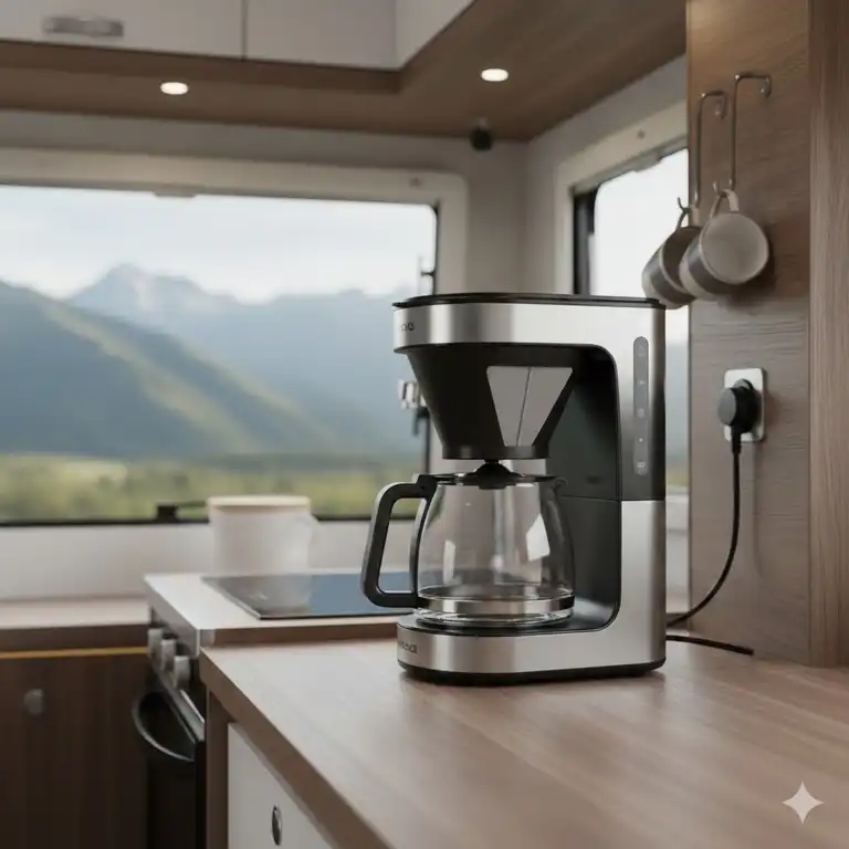 Eine kleine Filter Kaffeemaschine 12V auf der Arbeitsplatte in einem modernen Wohnmobil.