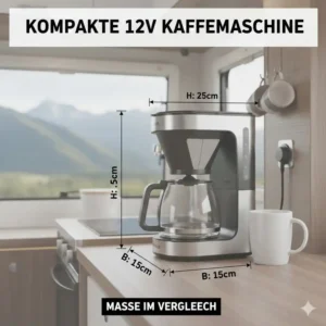 Illustration der Maße einer kleinen Filter Kaffeemaschine 12V im Vergleich zu einer Tasse.