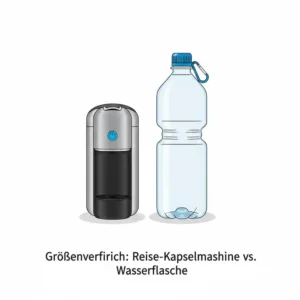 Größenvergleich einer kompatible Kapselmaschine Reise im Vergleich zu einer Wasserflasche.
