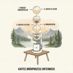Illustration der einfachen Handhabung beim Brühvorgang gemäß Reise Filterkaffeemaschine Test 2026.