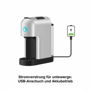 Technische Zeichnung einer kompatible Kapselmaschine Reise mit USB-Ladefunktion und Akku.