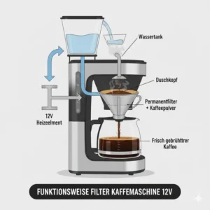 Illustration der Funktionsweise und des Brühvorgangs einer kleinen Filter Kaffeemaschine 12V.