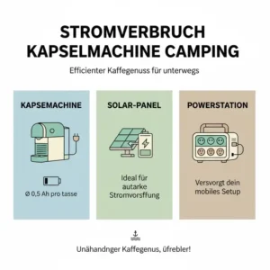 Darstellung der Energieeffizienz einer Kapselmaschine Boot Camping mit Solarpanel.