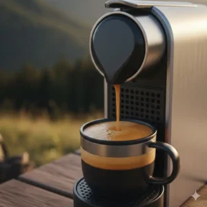 Detailaufnahme der perfekten Crema-Extraktion während des nespresso maschine tragbar test im Freien.
