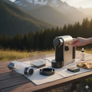 Die einfache Reinigung der Komponenten nach einem nespresso maschine tragbar test unterwegs.