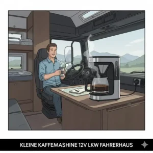 Eine kleine Filter Kaffeemaschine 12V im Einsatz im Fahrerhaus eines LKWs.