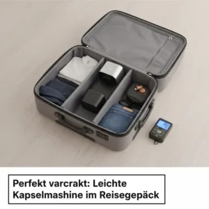 Eine kompakte und leichte kompatible Kapselmaschine Reise ordentlich verstaut im Koffer.
