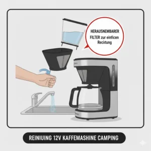 Darstellung der einfachen Reinigung des Filters einer kleinen Filter Kaffeemaschine 12V.