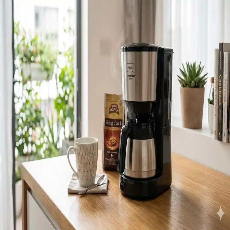 Eine moderne mini Filtermaschine leicht und kompakt auf einer hölzernen Küchentheke.