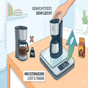Ein Gewichtsvergleich, der zeigt, wie eine mini Filtermaschine leicht und tragbar auf einer Waage steht.