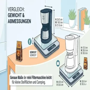 Infografik über die genauen Maße der mini Filtermaschine leicht für kleine Stellflächen und Camping.