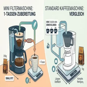 Illustration einer mini Filtermaschine leicht bei der Zubereitung einer einzelnen Tasse Kaffee.