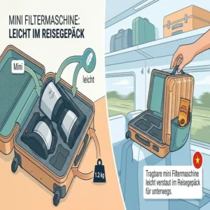 Eine tragbare mini Filtermaschine leicht verstaut im Reisegepäck für den Urlaub.