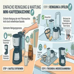 Anleitung zur einfachen Reinigung der mini Filtermaschine leicht durch entnehmbare Bauteile.