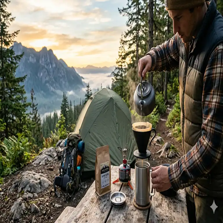 Eine hochwertige tragbare Filterkaffeemaschine Camping im Einsatz auf einem Klapptisch vor einem Zelt im Wald.