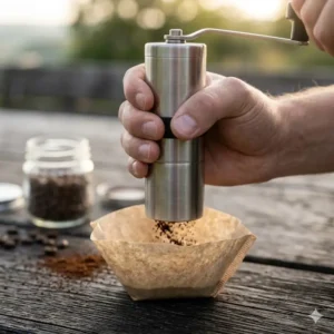 Eine kompakte manuelle Kaffeemühle als wichtiges filterkaffee unterwegs zubehör für frisches Aroma.
