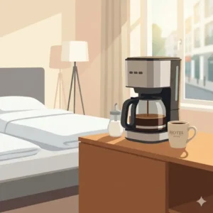 Illustrative view of a small, space-saving filterkaffeemaschine hotel klein in a cozy hotel room.