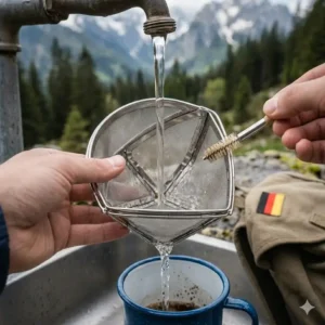 Illustration des platzsparenden Klappmechanismus vom kaffee reisefilter edelstahl für den Rucksack.