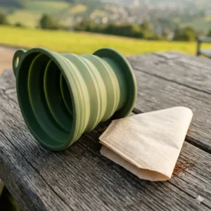 Ein faltbarer Handfilter aus Silikon ist das ideale filterkaffee unterwegs zubehör für Wanderer.