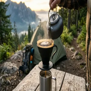 Heißes Wasser wird in die tragbare Filterkaffeemaschine Camping gegossen, während frischer Kaffee direkt in den Becher läuft.
