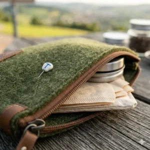 Eine kleine Tasche zur sicheren Aufbewahrung von Papierfiltern als filterkaffee unterwegs zubehör.