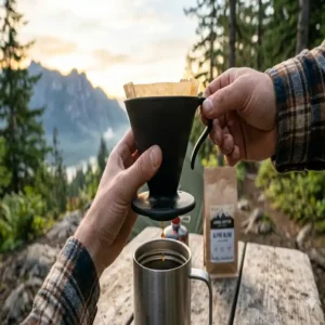 Detailansicht der robusten Materialien einer tragbare Filterkaffeemaschine Camping für extreme Outdoor-Bedingungen.