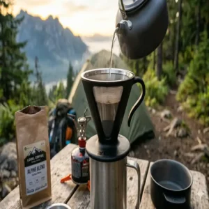 Die tragbare Filterkaffeemaschine Camping mit einem umweltfreundlichen, wiederverwendbaren Permanentfilter.