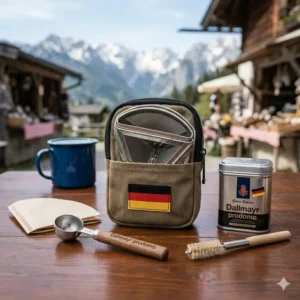 Ein robuster kaffee reisefilter edelstahl im Einsatz bei einer anspruchsvollen Wandertour.