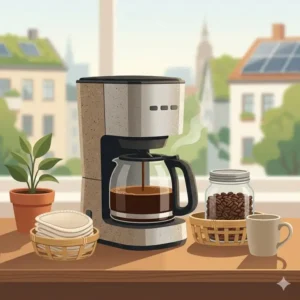 A dedicated, organized coffee corner featuring a small filterkaffeemaschine hotel klein.