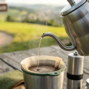Ein spezieller Wasserkessel für den perfekten Aufguss beim filterkaffee unterwegs zubehör.