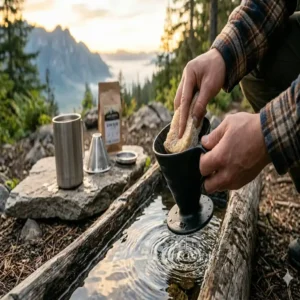 Einfache Reinigung der auseinandergebauten tragbare Filterkaffeemaschine Camping an einer Wasserstelle im Freien.