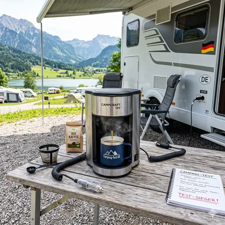 Ein umfassender 12v kaffeemaschine camping test Sieger in einer idyllischen Alpen-Campingumgebung.