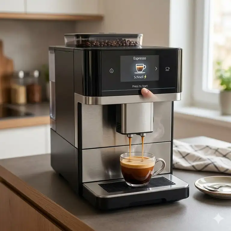 Moderne auto Kaffeemaschine brüht schnell frischen Espresso per Knopfdruck