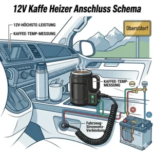 Technical illustration showing the connection of a 12v kaffee heizer unterwegs to a car battery.