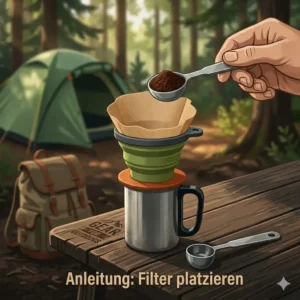 Ein kleiner, faltbarer Campingkaffee handfilter aus grünem Silikon für platzsparendes Backpacking.