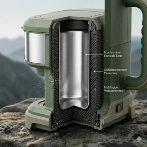 Detailansicht einer outdoor kaffeemaschine robust aus hochwertigem Edelstahl für extreme Bedingungen.