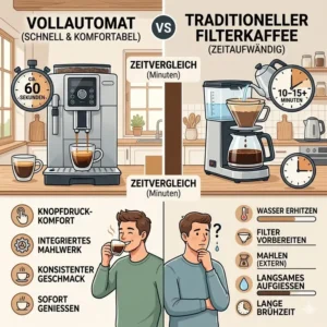 Infografik zeigt die schnelle Zubereitungszeit einer auto Kaffeemaschine im Vergleich zu Filterkaffee