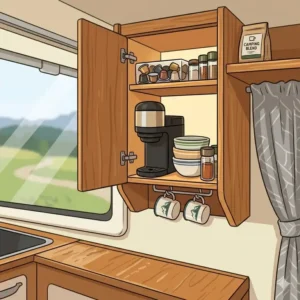 Platzsparende Verstauung einer wohnmobil kaffeemaschine klein in einem kompakten Wohnmobilregal.