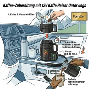 Step-by-step visual guide on using a 12v kaffee heizer unterwegs for coffee preparation.