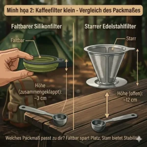 Größenvergleich von einem kleinen Campingkaffee handfilter neben einer klassischen Kaffeetasse.