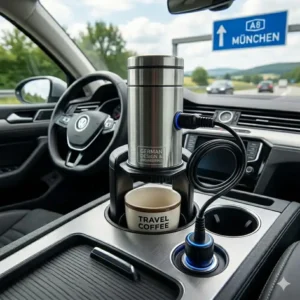 Die reisekaffeemaschine auto adapter passt perfekt in den Getränkehalter eines PKW.