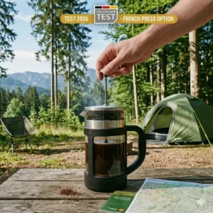 Eine robuste Edelstahl French Press Kanne für den Outdoor-Einsatz im großen Camping Kaffeemaschine Test 2026