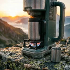 Eine kompakte outdoor kaffeemaschine robust im Einsatz auf einem tragbaren Camping-Gaskocher.
