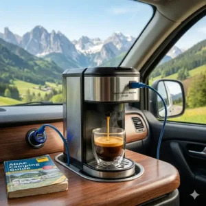 Die Mini espresso maschine 12v usb steht sicher im Becherhalter eines Fahrzeugs.