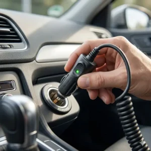 Der 12V-Stecker einer auto espresso maschine 12v wird fest in den Zigarettenanzünder eingesteckt.