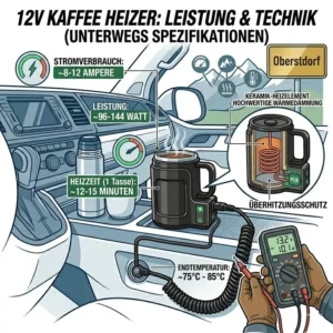 Detailed diagram showing the power specifications of a 12v kaffee heizer unterwegs.