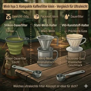 Vergleich verschiedener Typen von kleinen Campingkaffee handfilter: Silikon, Mesh-Halter und Kunststoff.